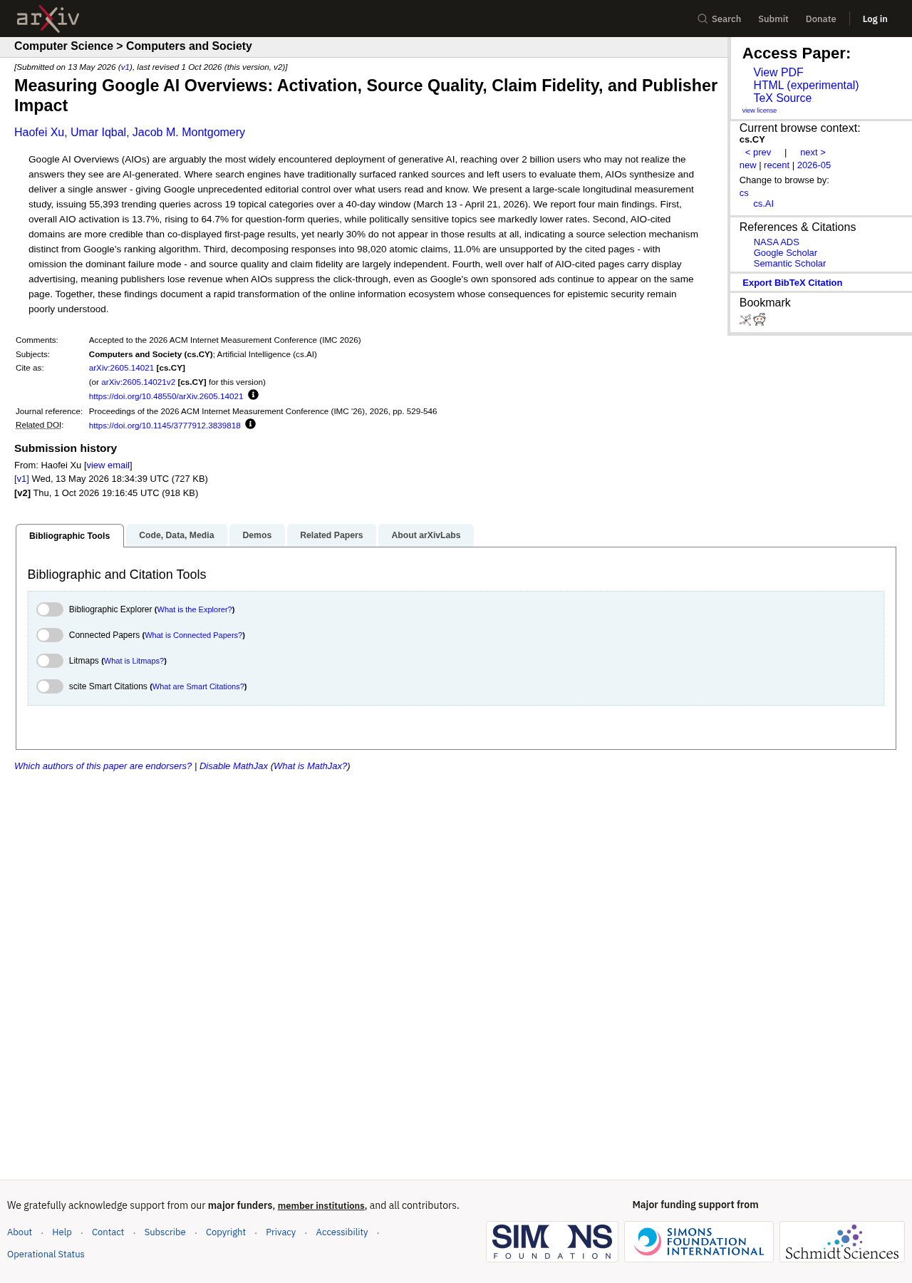 arXiv listing: Washington University in St. Louis study of AI Overviews on 55,393 trending US queries