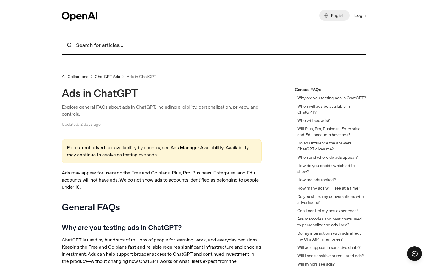 OpenAI Help Center article: Ads in ChatGPT, General FAQs