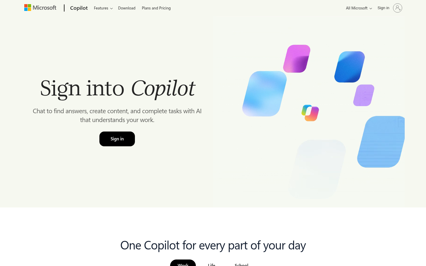 Screenshot of the Microsoft Copilot homepage