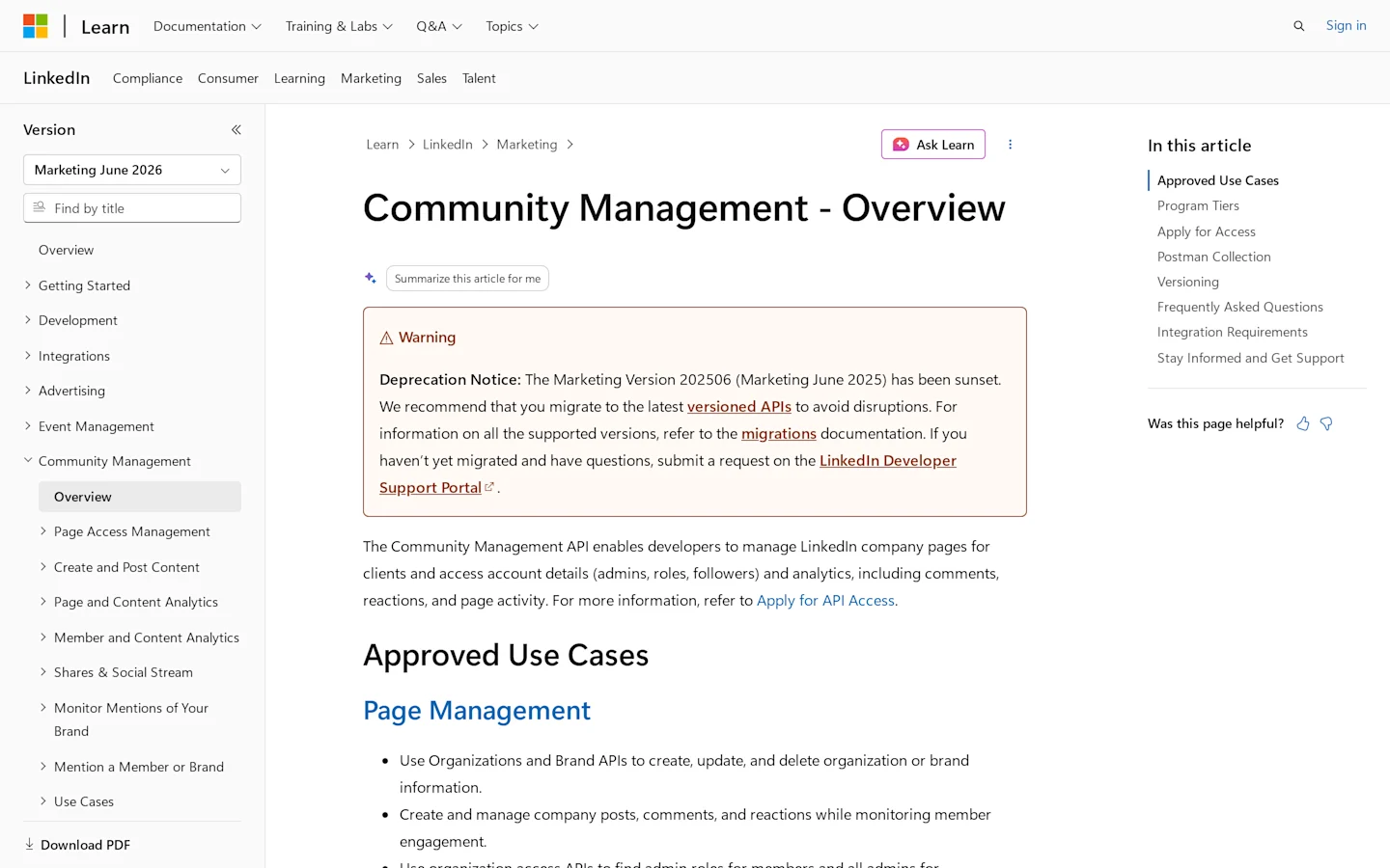 LinkedIn Community Management API overview showing approved API access for page activity, comments, reactions, and analytics
