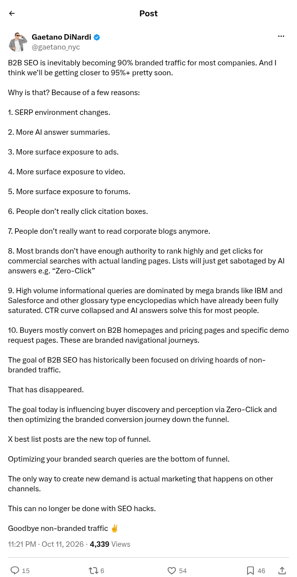Gaetano DiNardi's October 11, 2026 post on X about branded B2B SEO traffic
