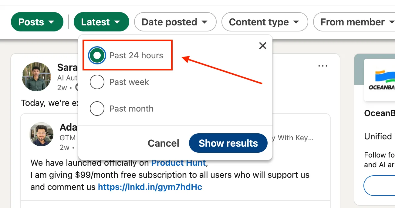 Linkedin Search time filter