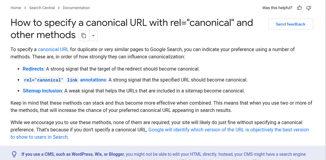 Google Search Central page on specifying a canonical URL, listing redirects as a strong signal that the target should become canonical