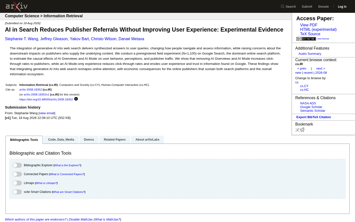 arXiv listing: AI Search Publishes Without Improving User Experience, experimental evidence study