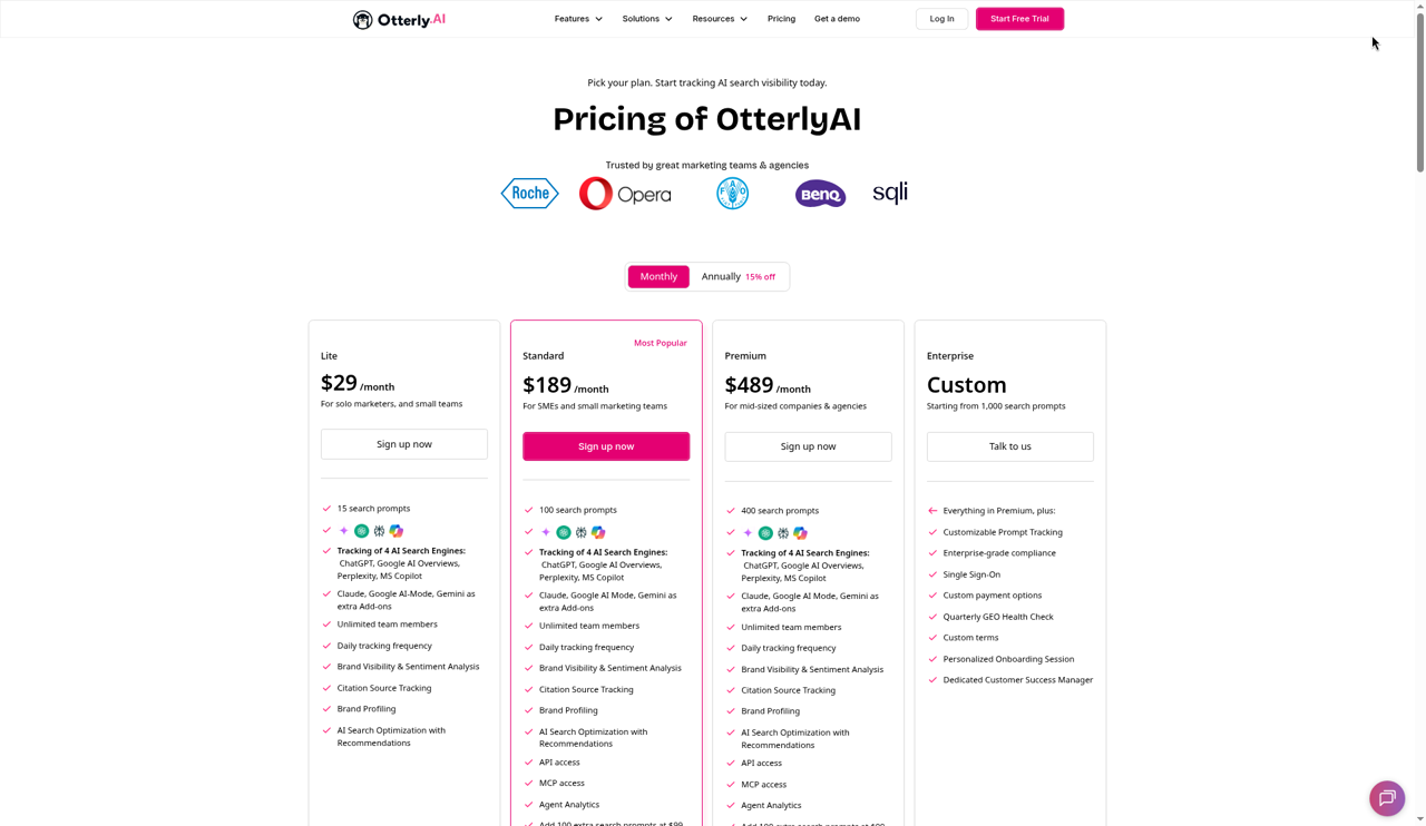 OtterlyAI plans priced by number of prompts tracked