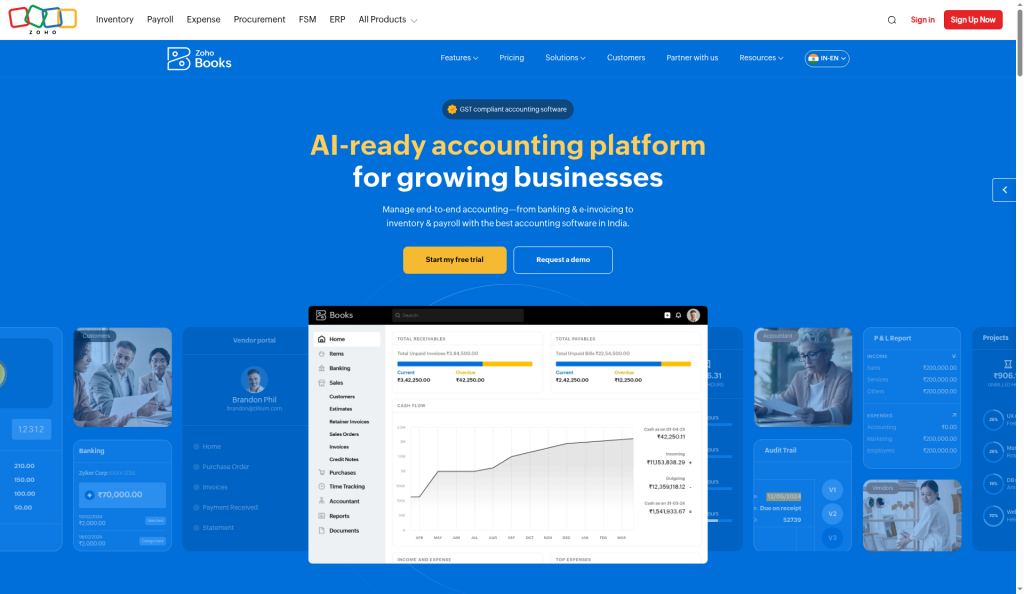 Screenshot of the Zoho Books homepage
