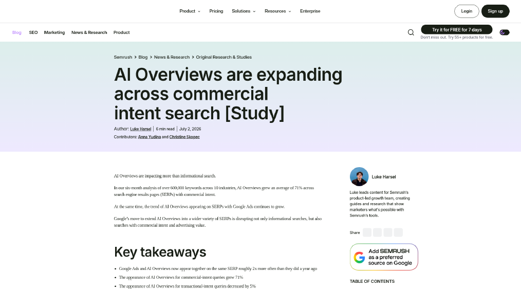Semrush study: AI Overviews are expanding across commercial intent search, July 2, 2026