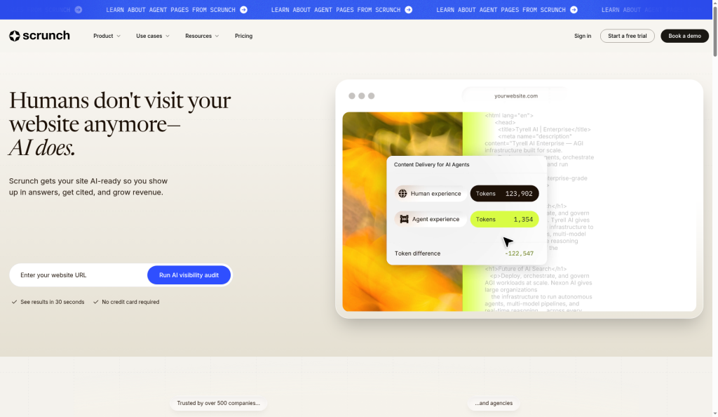 Screenshot of the Scrunch homepage