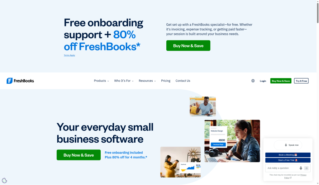 Screenshot of the FreshBooks homepage