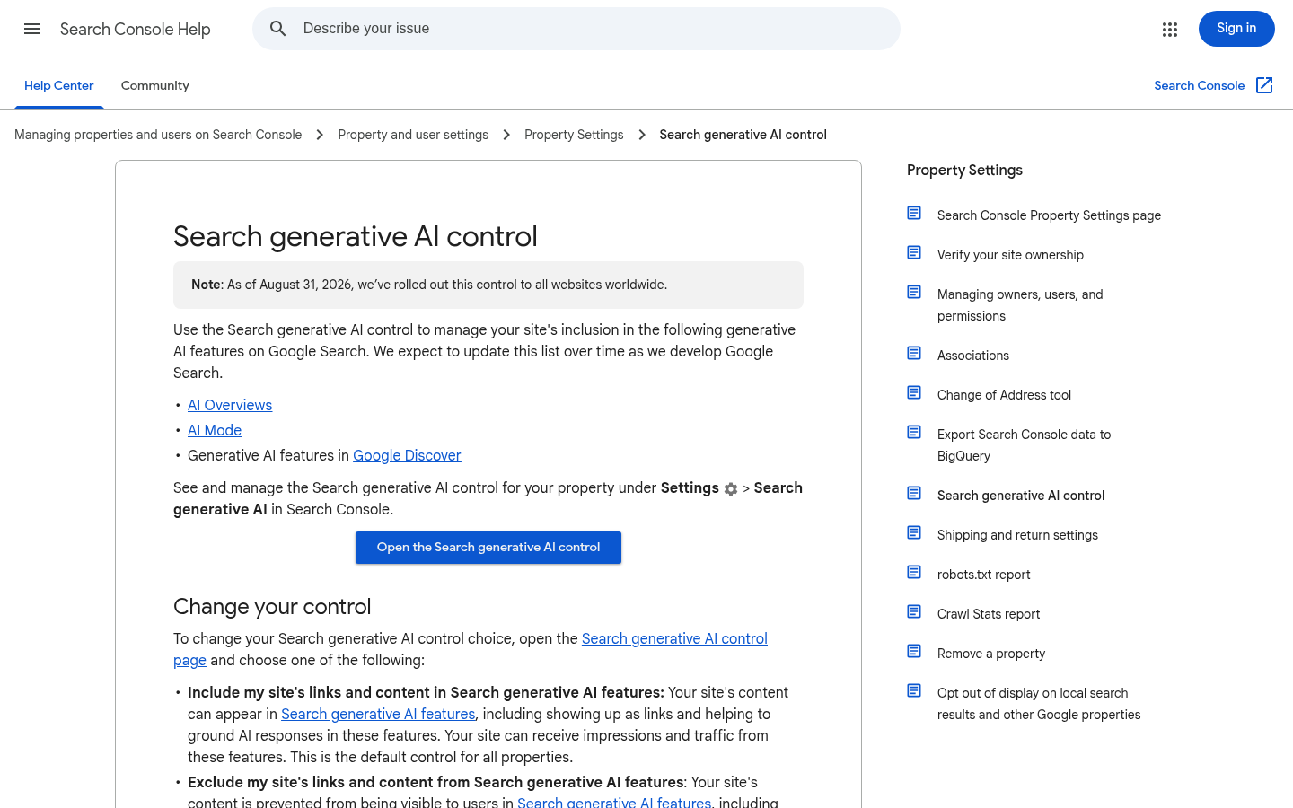 Screenshot of the Search Console Help page for the Search generative AI control