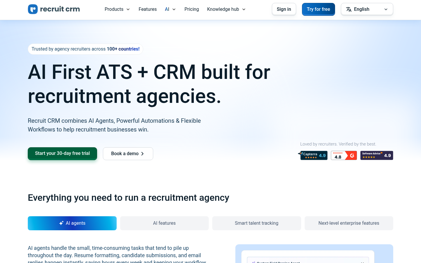 Screenshot of the Recruit CRM homepage