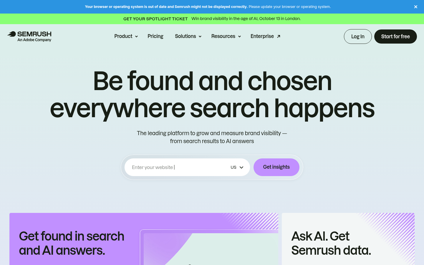 Screenshot of the Semrush AI Visibility Toolkit homepage