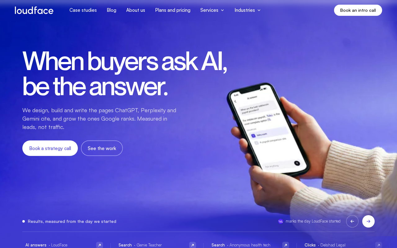 Screenshot of the LoudFace homepage