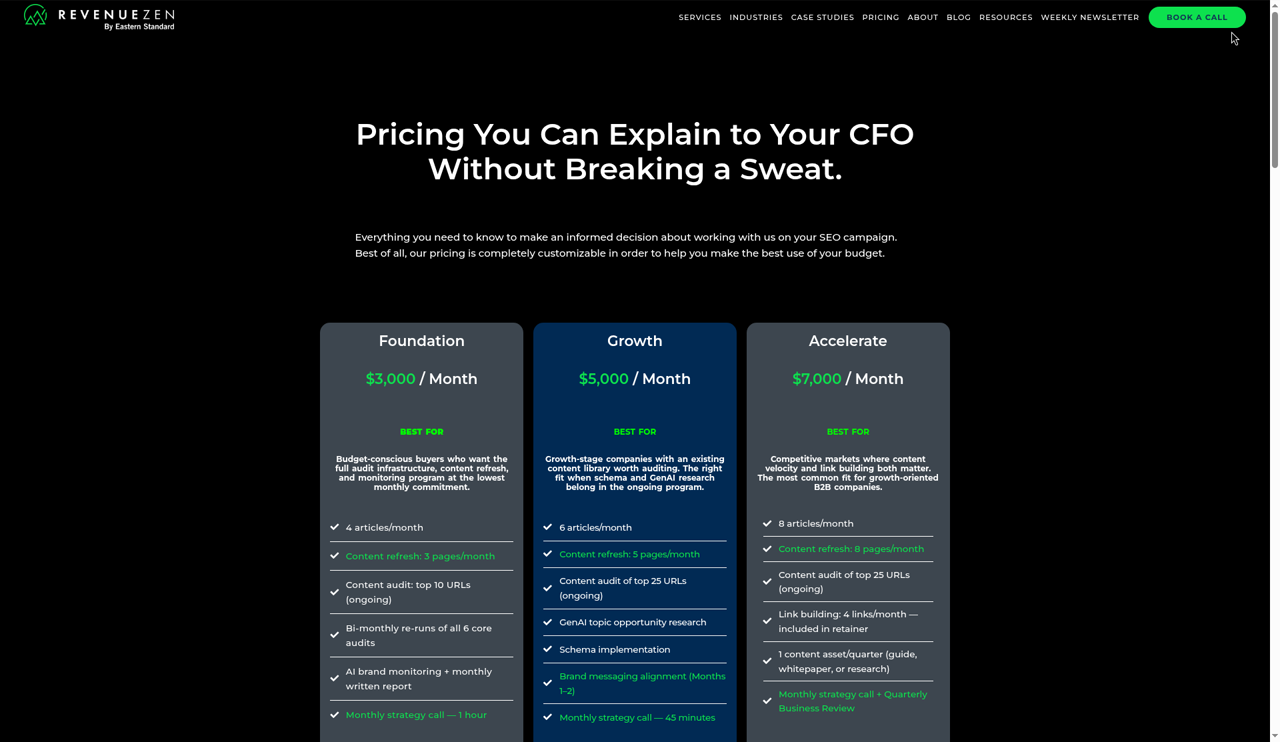 RevenueZen's pricing page: tiers from $3,000 to $7,000 a month