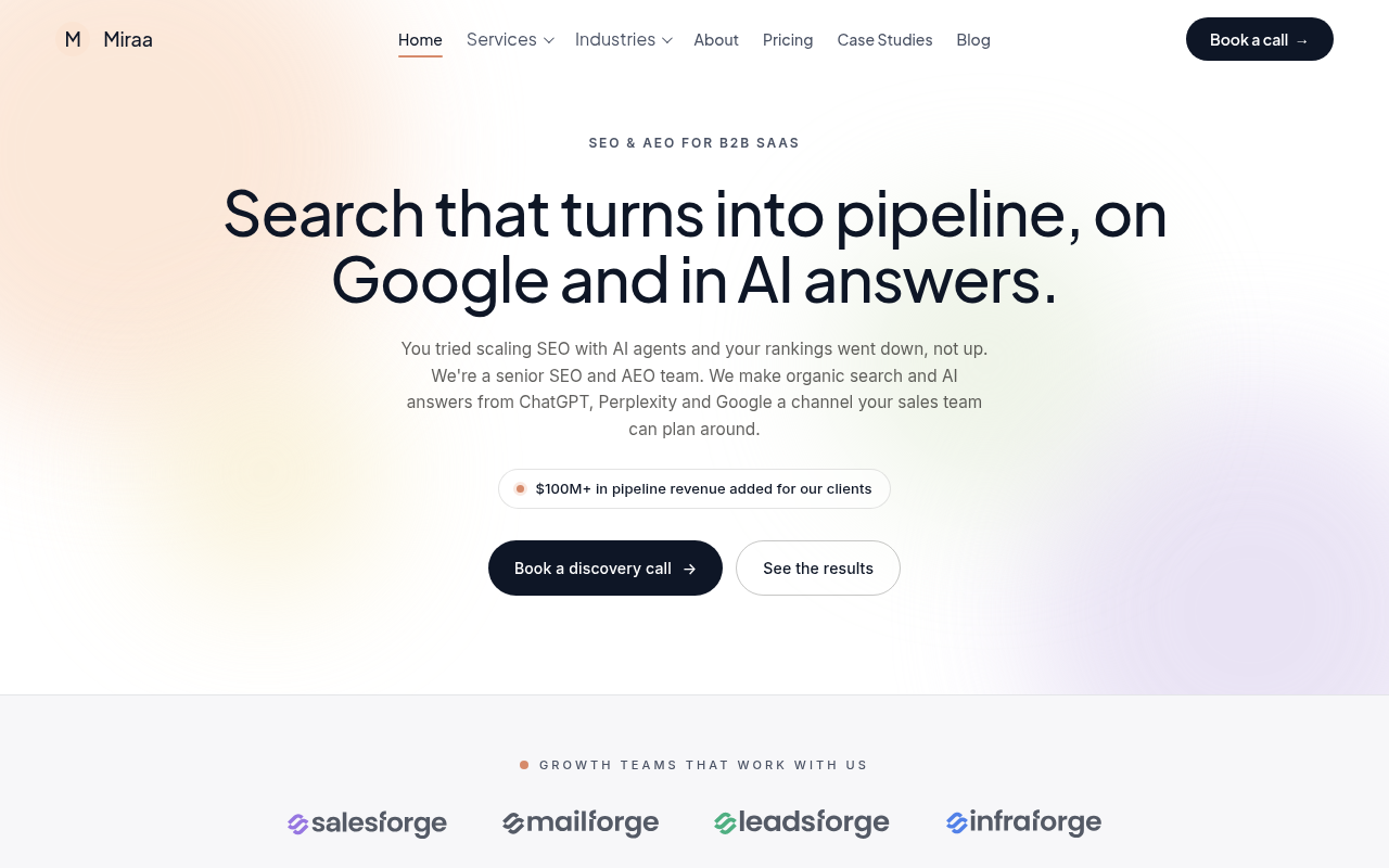 Screenshot of the Miraa homepage