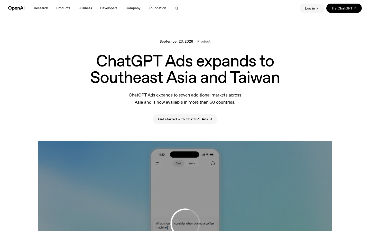 OpenAI announcement: ChatGPT Ads expands to Southeast Asia and Taiwan