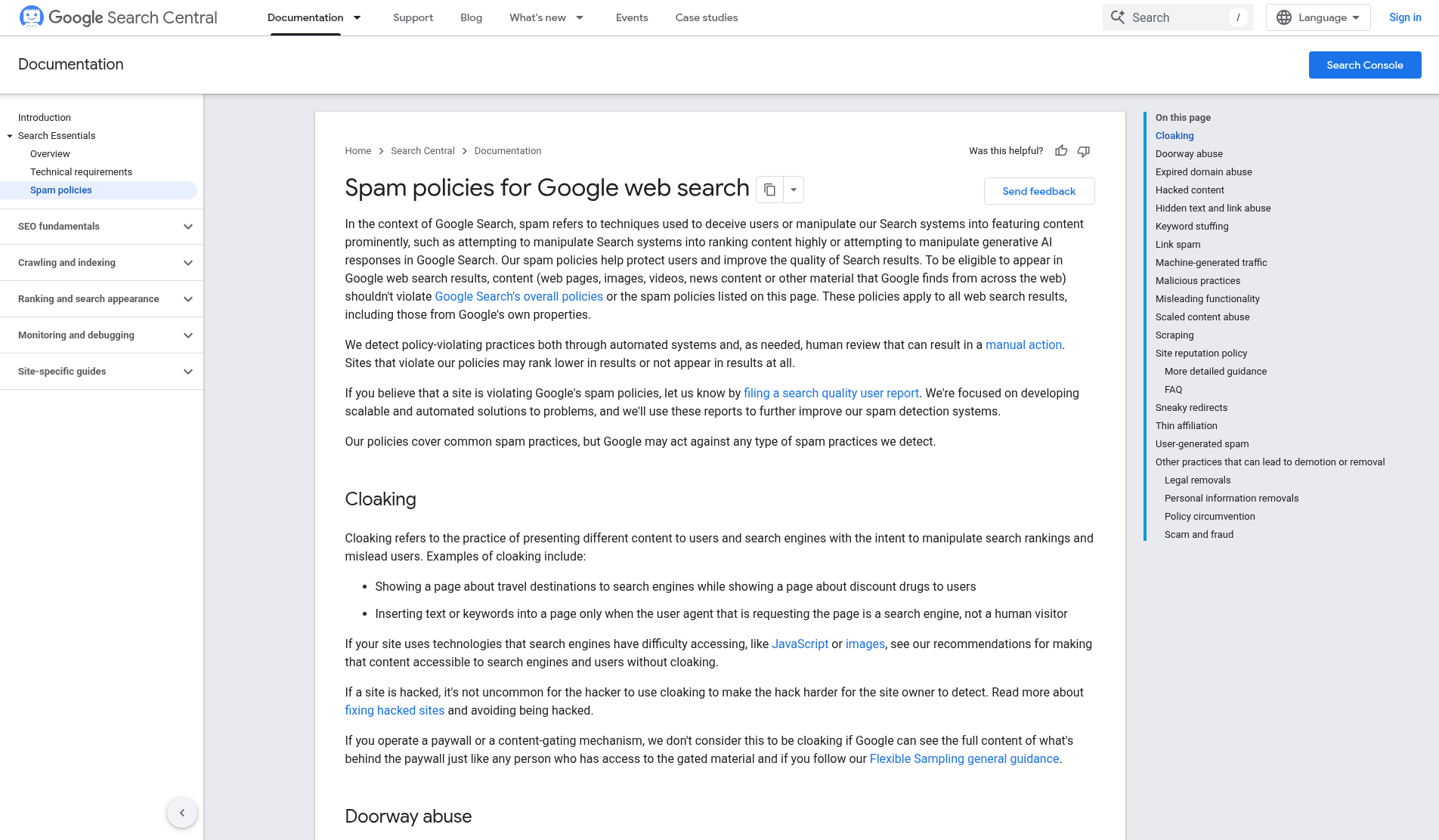 Screenshot of the Google Search spam policies page