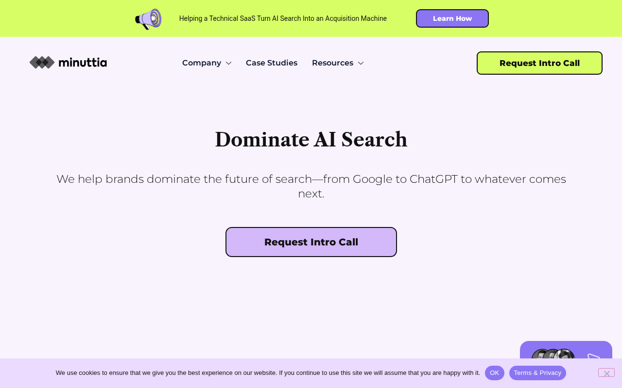 Screenshot of the Minuttia homepage