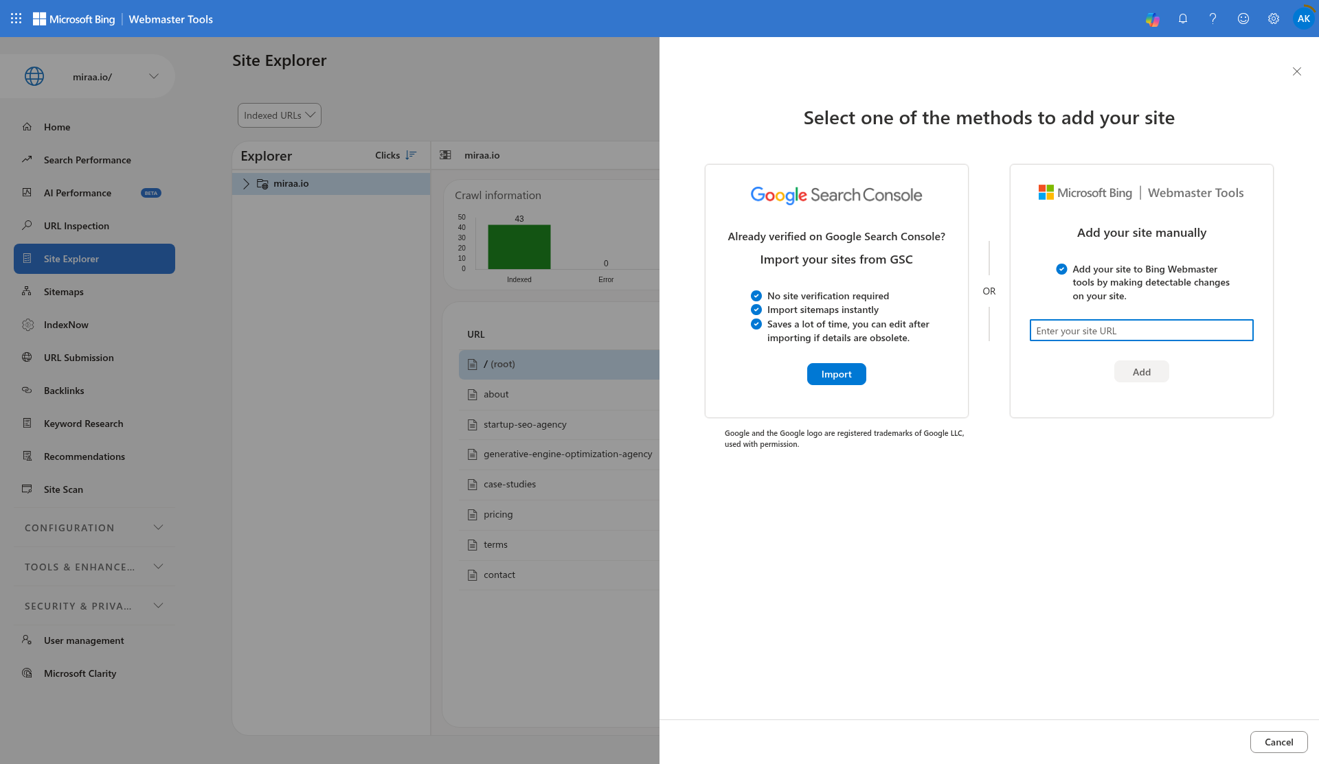 Bing Webmaster Tools add-site screen for miraa.io, with the option to import from Google Search Console