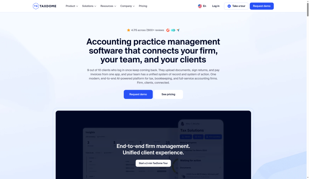 Screenshot of the TaxDome homepage