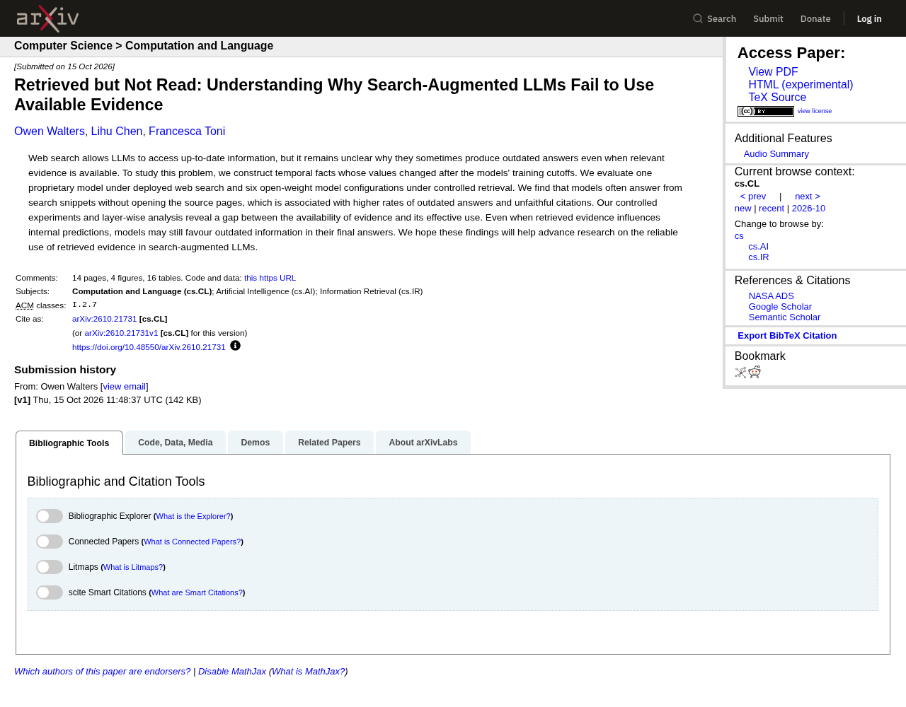 arXiv listing: Retrieved but Not Read: Understanding Why Search-Augmented LLMs Fail to Use Available Evidence, submitted October 15, 2026