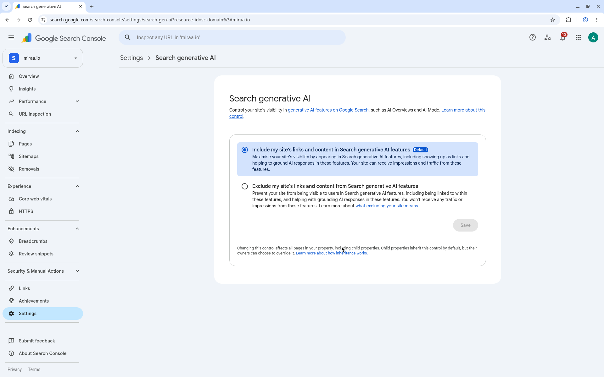 The Search generative AI settings screen in Search Console for miraa.io, with Include my site's links and content in Search generative AI features selected and marked Default, and Exclude as the second option