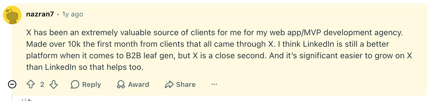 User sharing experience in X lead generation