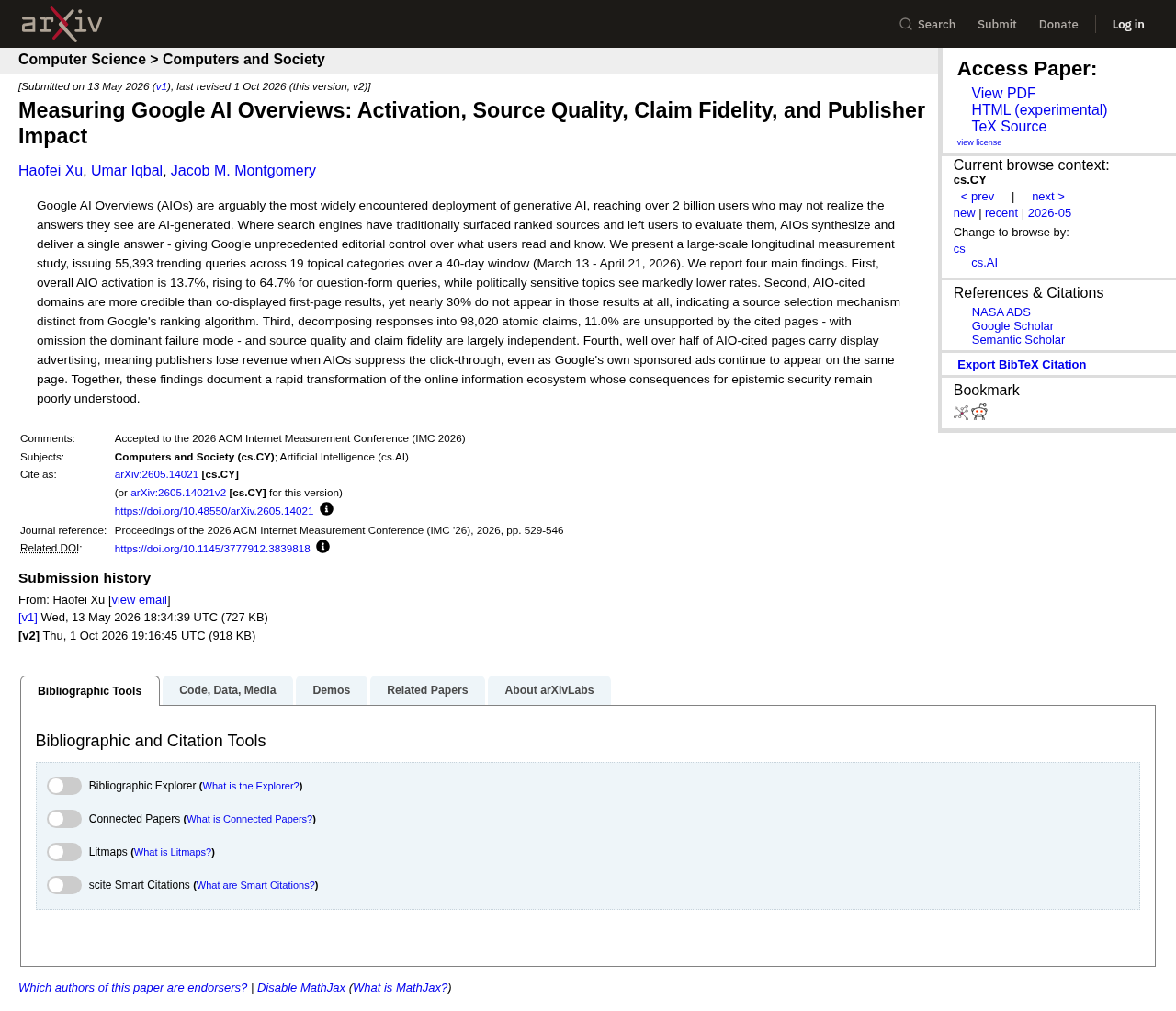 Screenshot of the Washington University in St. Louis paper on arXiv measuring Google AI Overviews