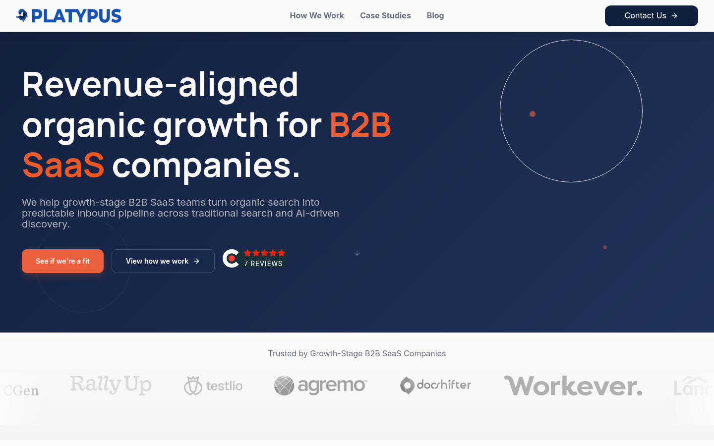 Screenshot of the Platypus SEO homepage