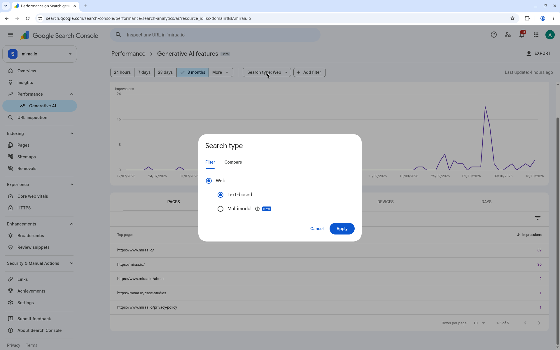The Search type dialog in the Generative AI features report, with Web selected and two options beneath it: Text-based, which is selected, and Multimodal, marked New