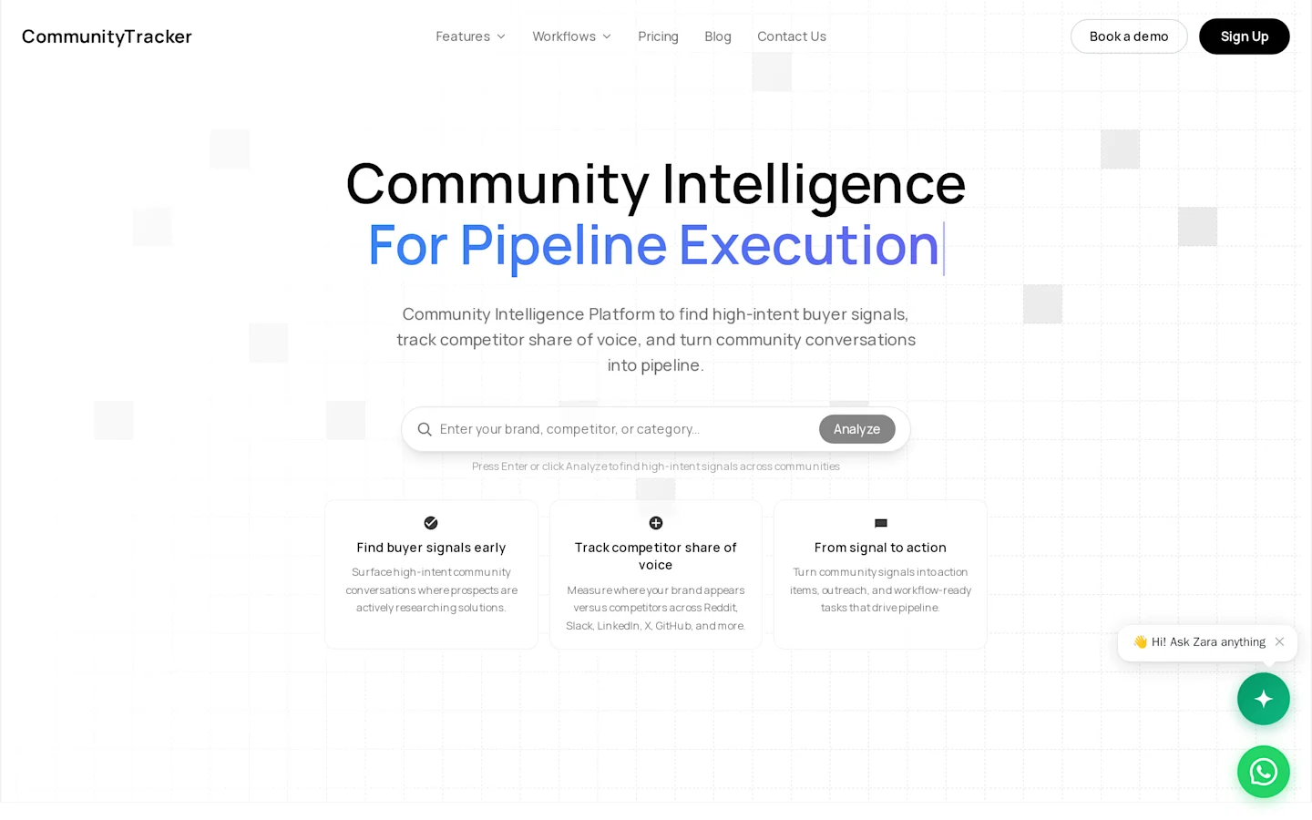 CommunityTracker homepage showing supported communities and signal-to-action workflow