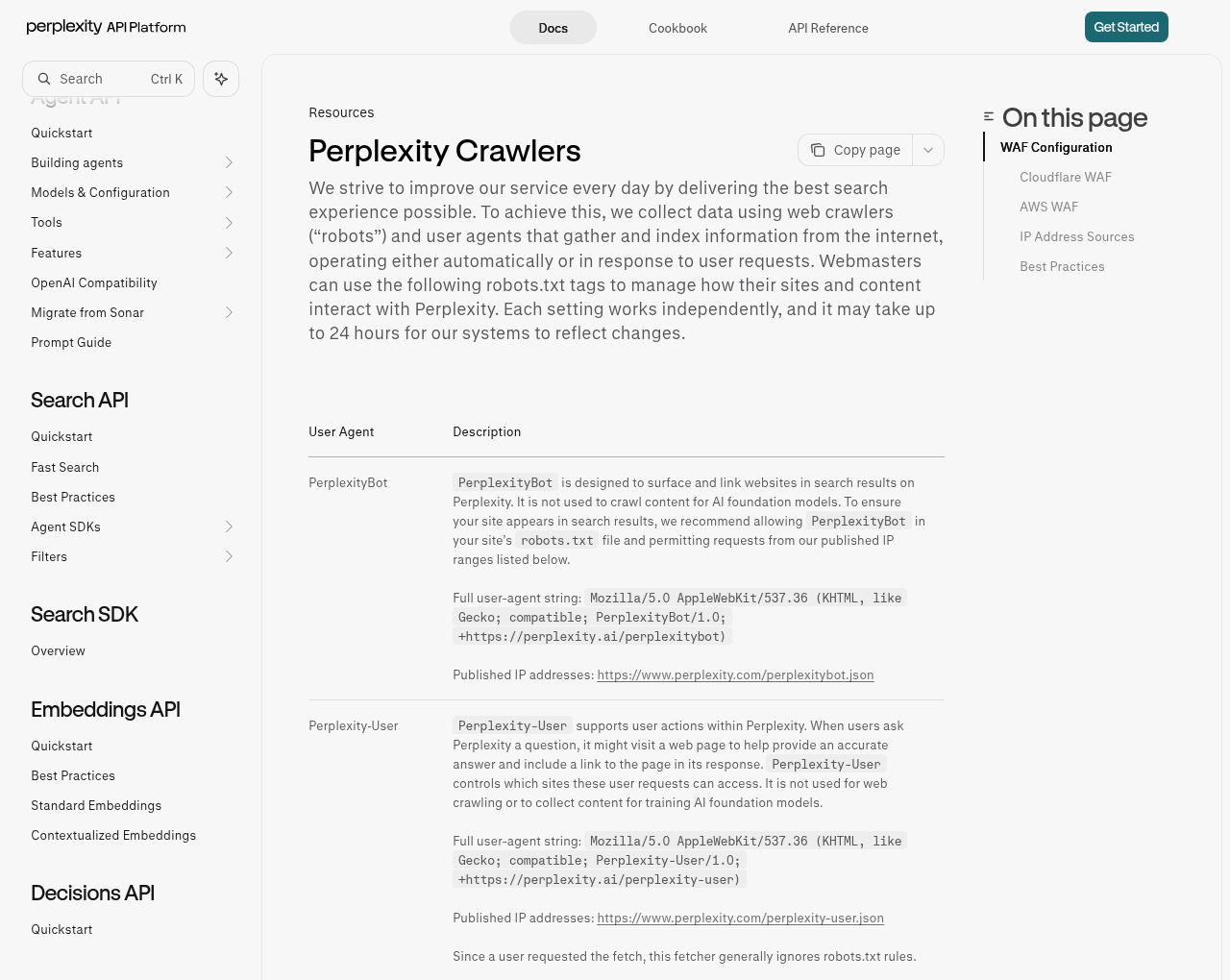 Screenshot of the Perplexity Crawlers documentation page