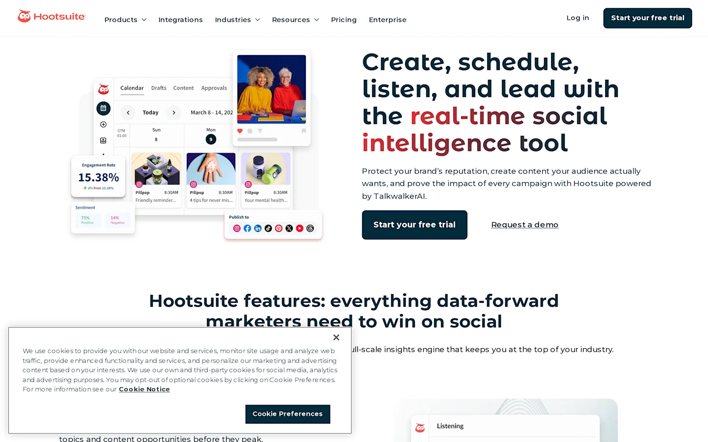 Hootsuite platform overview showing publishing, listening, analytics, and inbox workflows