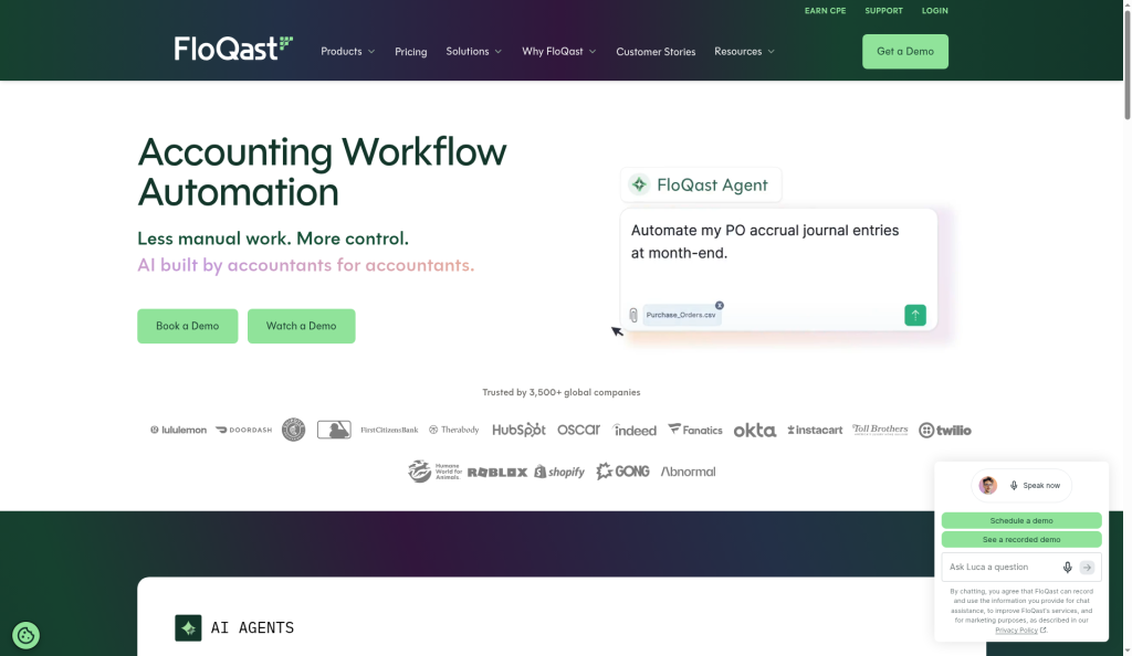 Screenshot of the FloQast homepage