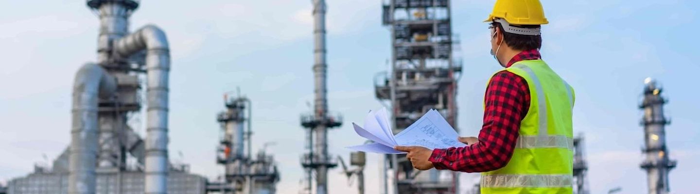 A man wearing a safety helmet holds a blueprint and looks at an industry