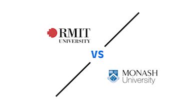 RMIT University logo Vs. Monash University logo in a white background.