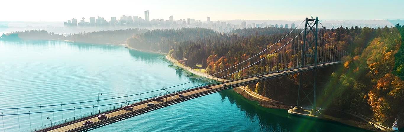bridge across a lake with skyscraper background