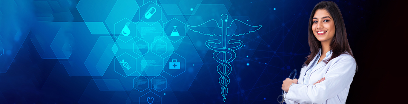 Student doctor on a blue background with medical references