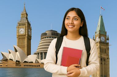 Student in white sweater holding red notebooks against backdrop of iconic landmarks including Parliament Building and Sydney Opera House