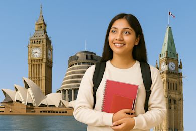 Student in white sweater holding red notebooks against backdrop of iconic landmarks including Parliament Building and Sydney Opera House