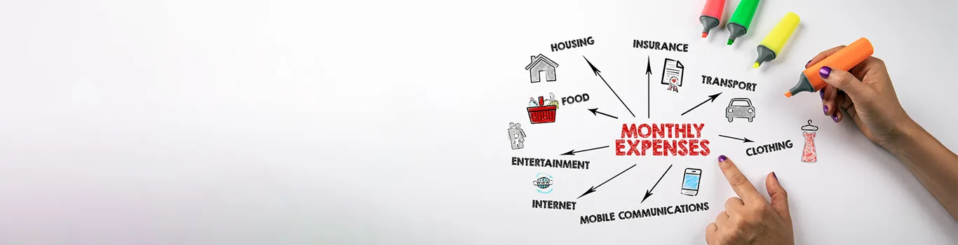 A person highlights a paper diagram labeled Monthly Expenses with categories like housing, insurance, food, transport, clothing, entertainment, internet, and mobile communications. Three highlighters are at the top.