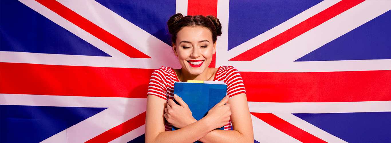 Portrait of her she nice cute charming lovely winsome attractive cheerful cheery girl wearing striped t-shirt bachelor master mba program degree isolated over British flag