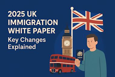 A photo of two red double-decker buses in front of Big Ben and the Houses of Parliament in London, creatively framed within bold, geometric blue and white shapes.