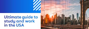 Text reads Ultimate guide to study and work in the USA beside a photo of the Brooklyn Bridge and New York City skyline at sunset.