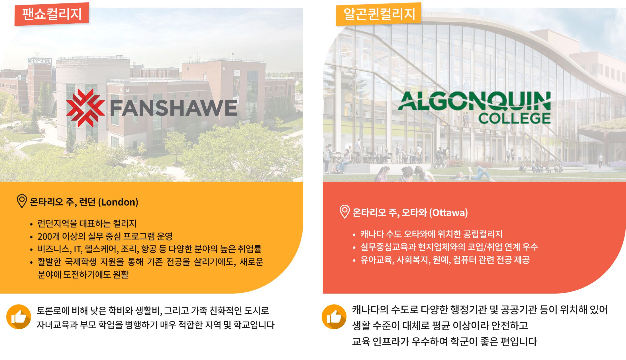 [Fanshawe College] 
	위치: 온타리오 주, 런던 (London)
	학교특징: 런던지역의 대표컬리지로 규모가 큰 편입니다. 200개 이상의 실무 중심 프로그램을 운영하고 있으며  특히 비즈니스, IT, 헬스케어, 조리, 항공 등 다양한 분야에서 높은 취업률을 자랑하며 국제학생 지원도 활발하여 한국에서의 기존 전공을 살리거나 새로운 분야에 도전하시는 것이 원활합니다.
	자녀무상 장점: 토론로에 비해 낮은 학비와 생활비, 그리고 가족 친화적인 도시로 자녀교육과 부모 학업을 병행하기 매우 적합한 지역 및 학교입니다.

[Algonquin College]
	위치: 온타리오 주, 오타와 (Ottawa)
	학교특징: 캐나다의 수도 오타와에 위치한 공립컬리지로 실무 중심교육과 현지 업체와의 코업/취업 연계가 뛰어난 학교입니다. 한국 학부형들이 선호하는 유아교육, 사회복지, 원예, 컴퓨터 관련 전공들을 모두 제공하고 있습니다. 
	자녀무상 장점: 캐나다의 수도로 다양한 행정기관 및 공공기관 등이 위치해 있어 생활 수준이 대체로 평균 이상이라 안전하고 교육 인프라가 우수하여 학군이 좋은 편입니다. 
