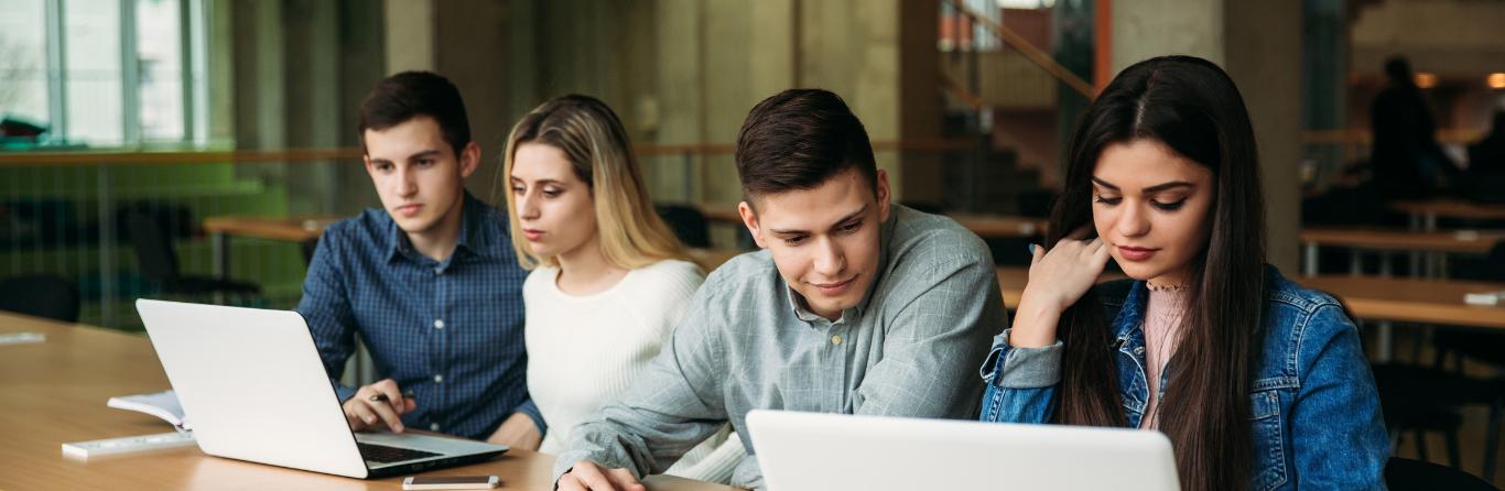 A photograph of four students looking into the laptops in front of them.