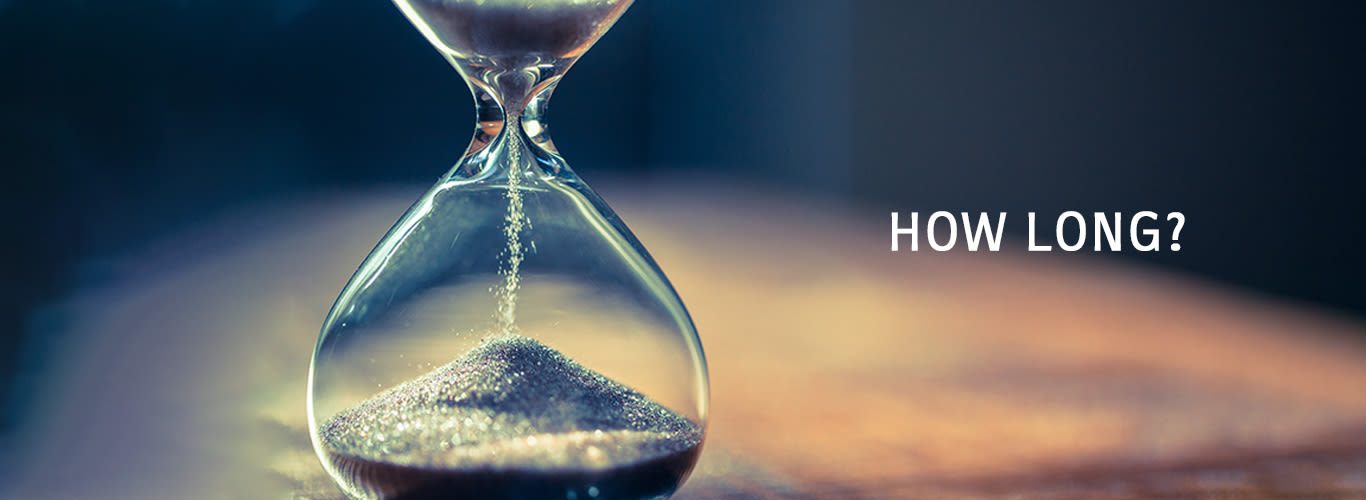 Time passing concept with the words how long written beside an hourglass