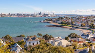 A photograph of the skyline of Auckland, New Zealand with the Sky Tower in view.