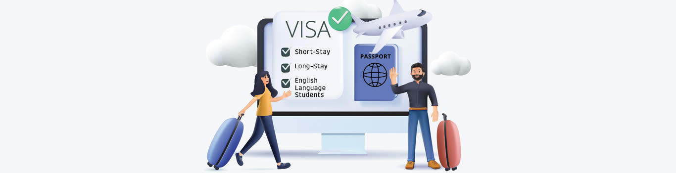 Drawing of two people in front of a board that describes Visas and shows a passport, a check mark, and a plane.
