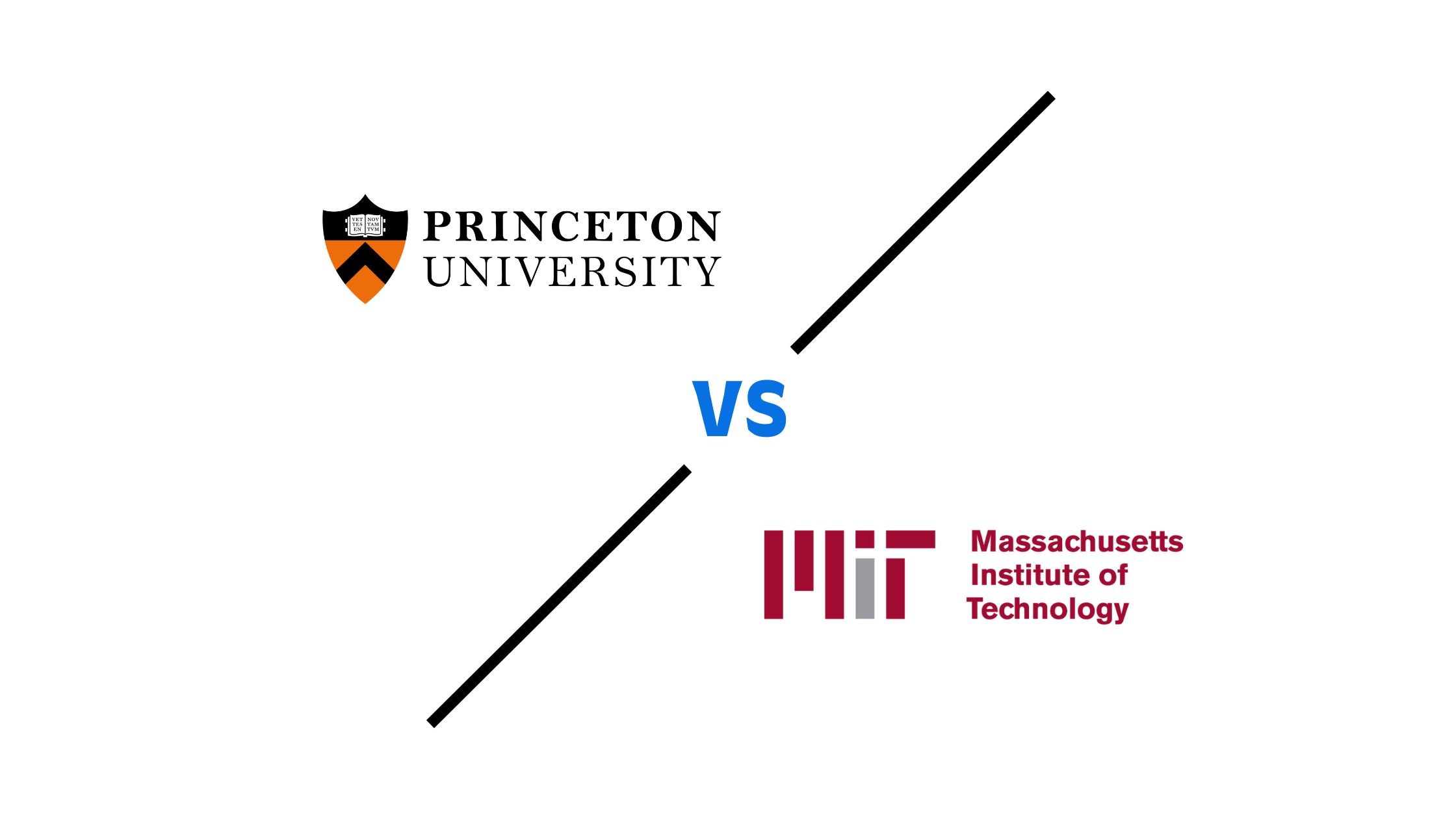 Princeton University logo with orange shield versus MIT logo with red letters, separated by diagonal lines and blue "VS" text
